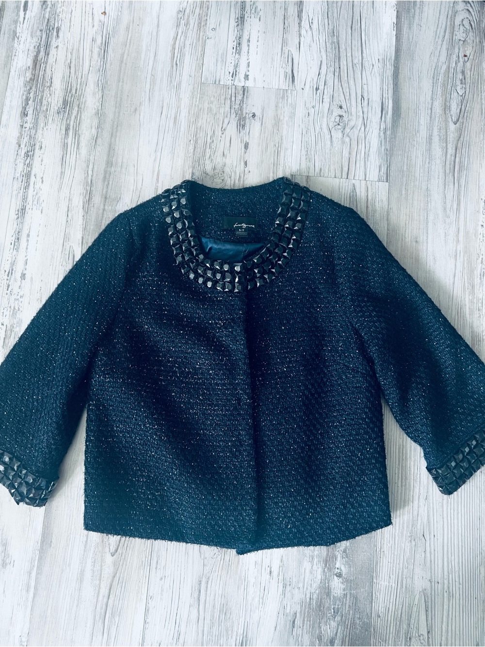 Women’s Navy Blue Embellished Tweed Metallic Thread Jacket Small